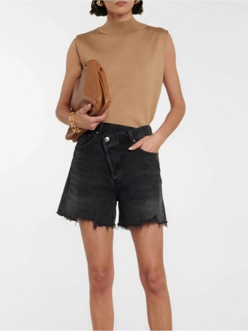 Agolde Black Criss Cross High-Rise Raw Hem Denim Black Shorts size 27 EUC
